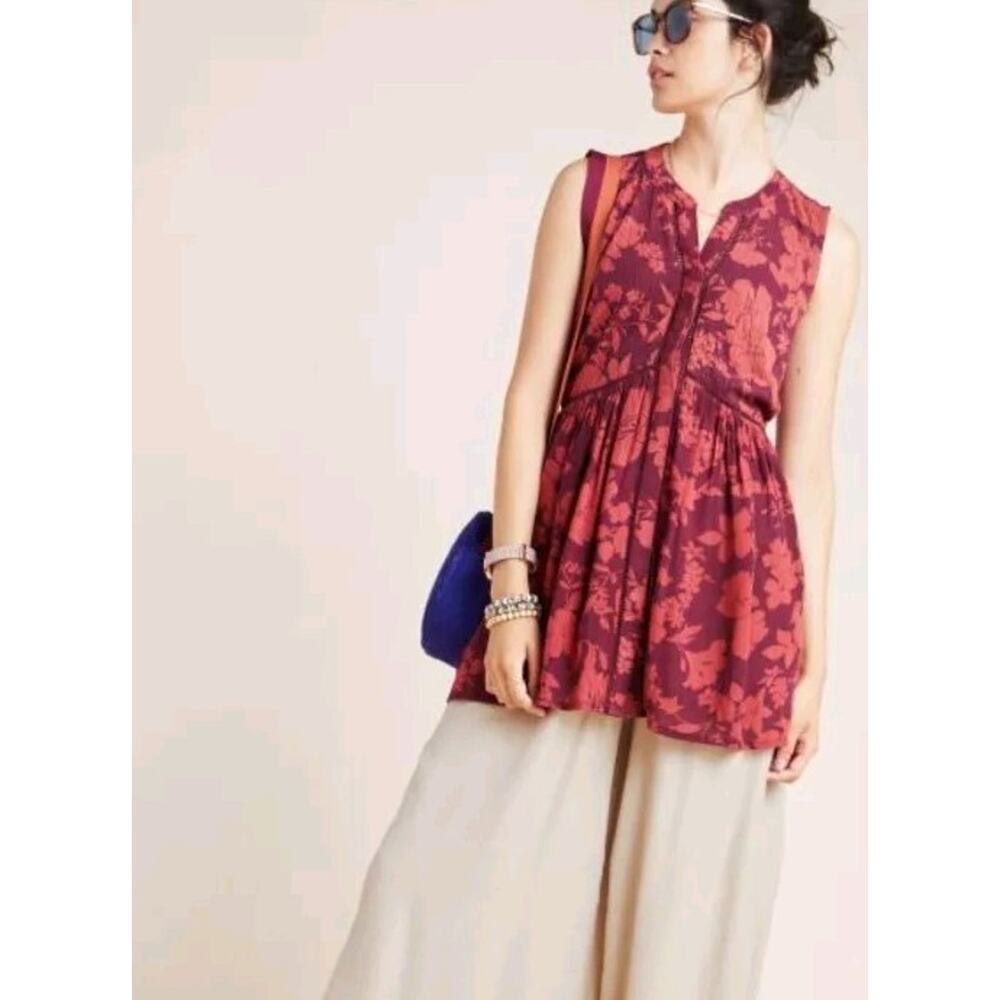 Anthropologie Nia Tunic Top Wine Floral Women M Sleeveless Red Button Babydoll